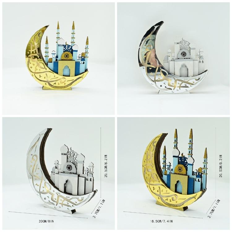 LED Lighted Eid Wood Moon Castles Mosque Ornament Festivals Party Supplies for Home Bedroom Living Room Table Decoration