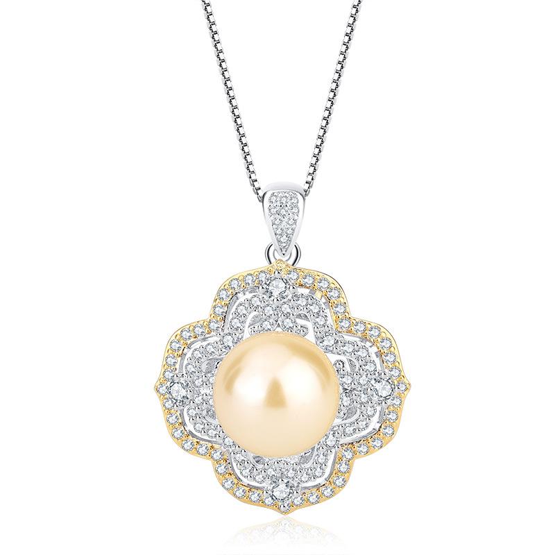 Jewelry Inlaid With Gold, White Beads, Light Gold Color Separation Electroplating, Fashion Inlaid With Diamonds, Pendant Necklace 14Mm