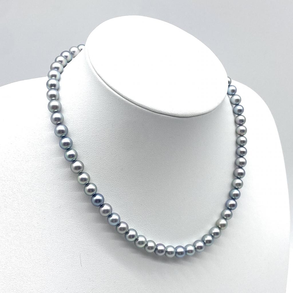 High-Luster Akoya Pearl Necklace Natural Jewelry Blue Gray Approx 43cm 7.0mm–7.5mm 31.7g Silver Hardware