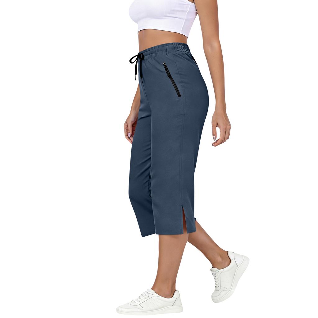 Women Drawstring Elastic Waist Capris Pants with Side Pockets Loose Fit Lightweight Cropped Trousers for Daily Wear