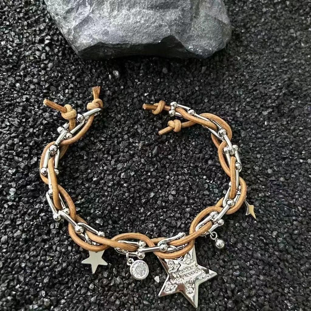Leather Cool Brown Star Bracelet With Beads Trendy Style Winter 2023