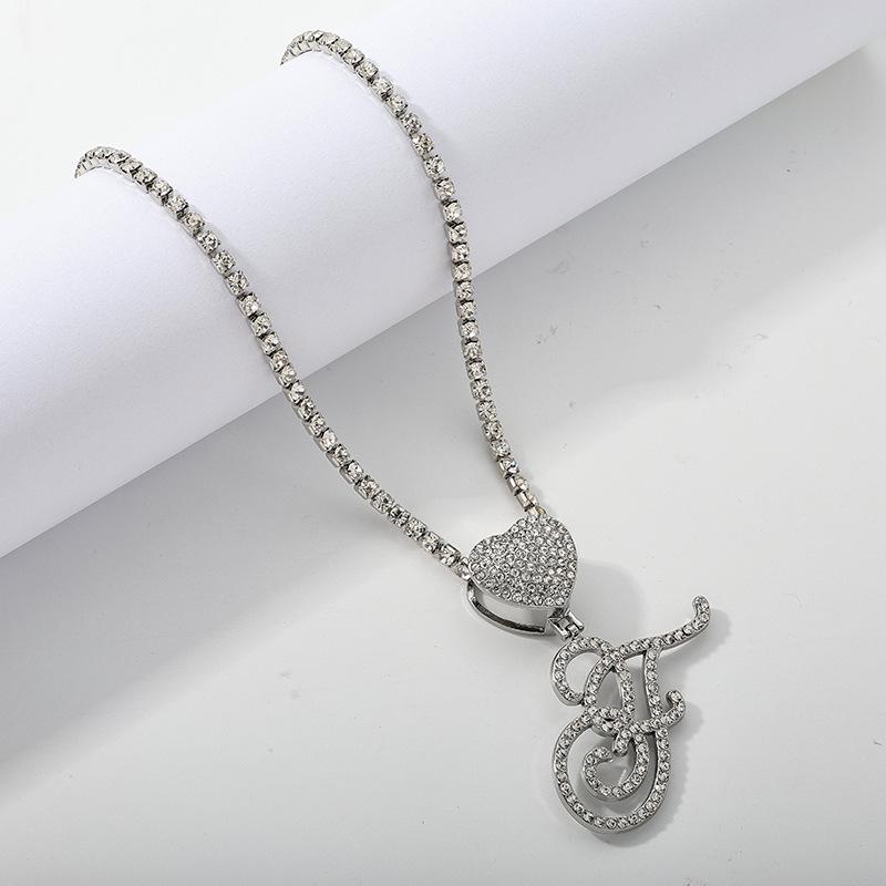 26 Flower Letter Necklace: Hip Hop Heart Pendant with Full Diamond Inlaid Tennis Chain for Women