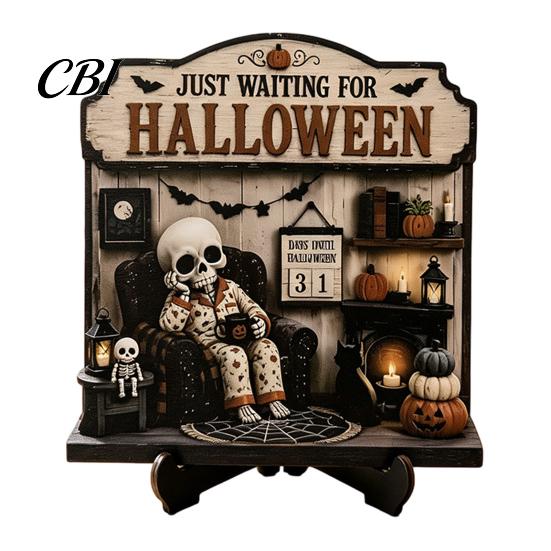 Cute Ghost Figurine Halloween Reading Figurine, Wooden Desktop Ornaments, Vintage Fall Fireplace Decorations Statue with Stand for Home Tabletop Shelf