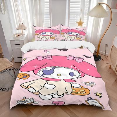 3-teiliges Halloween-Abenteuer My Melody Aufdruck Bettwäsche-Set (1 Bettbezug + 2 Kissenbezüge, Ohne Füllung), Weich und bequem S024