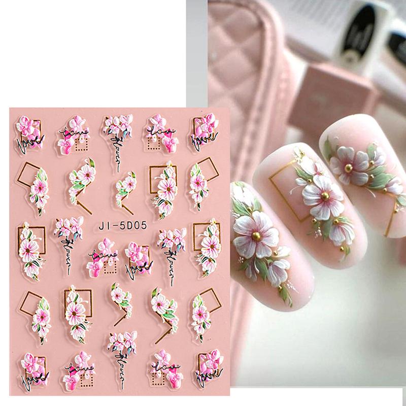 5D Nail Stickers Flowers Heart Shape Decor Acrylic Embossed Slippers Gold Frame Nail Decals Cherry Blossom Manicure