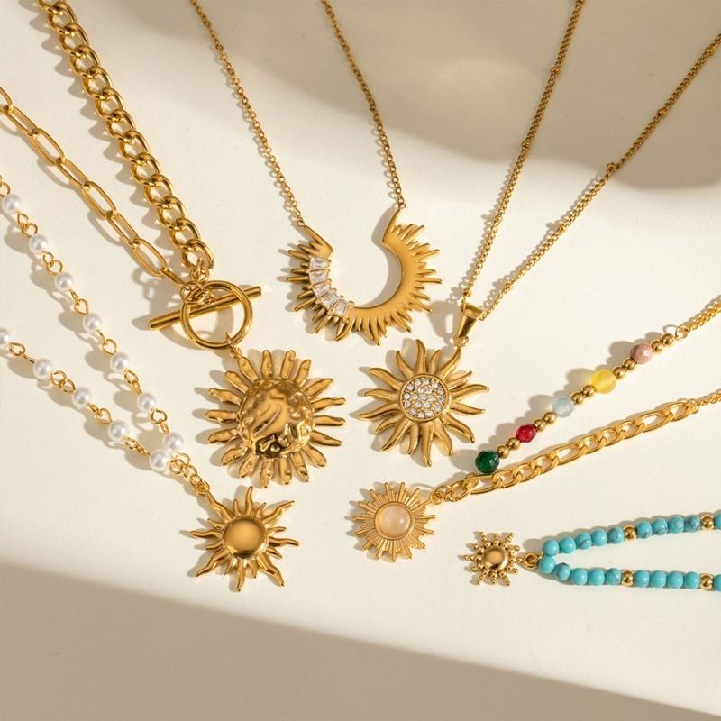 18K Gold Plated Pearls Chain Sun Pendant Necklace Sturdy Stainless Steel Waterproof Jewelry Accessory for Women