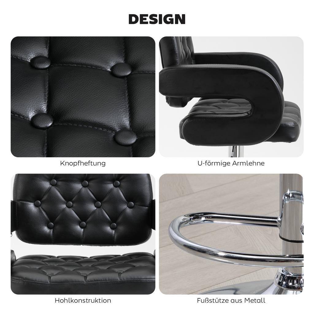 Barpall med mellanrygg och urholkad design, höjdjusterbar, med yta av PU-läder, U-format armstöd, stålstång för bistro, lounge, kök, svart