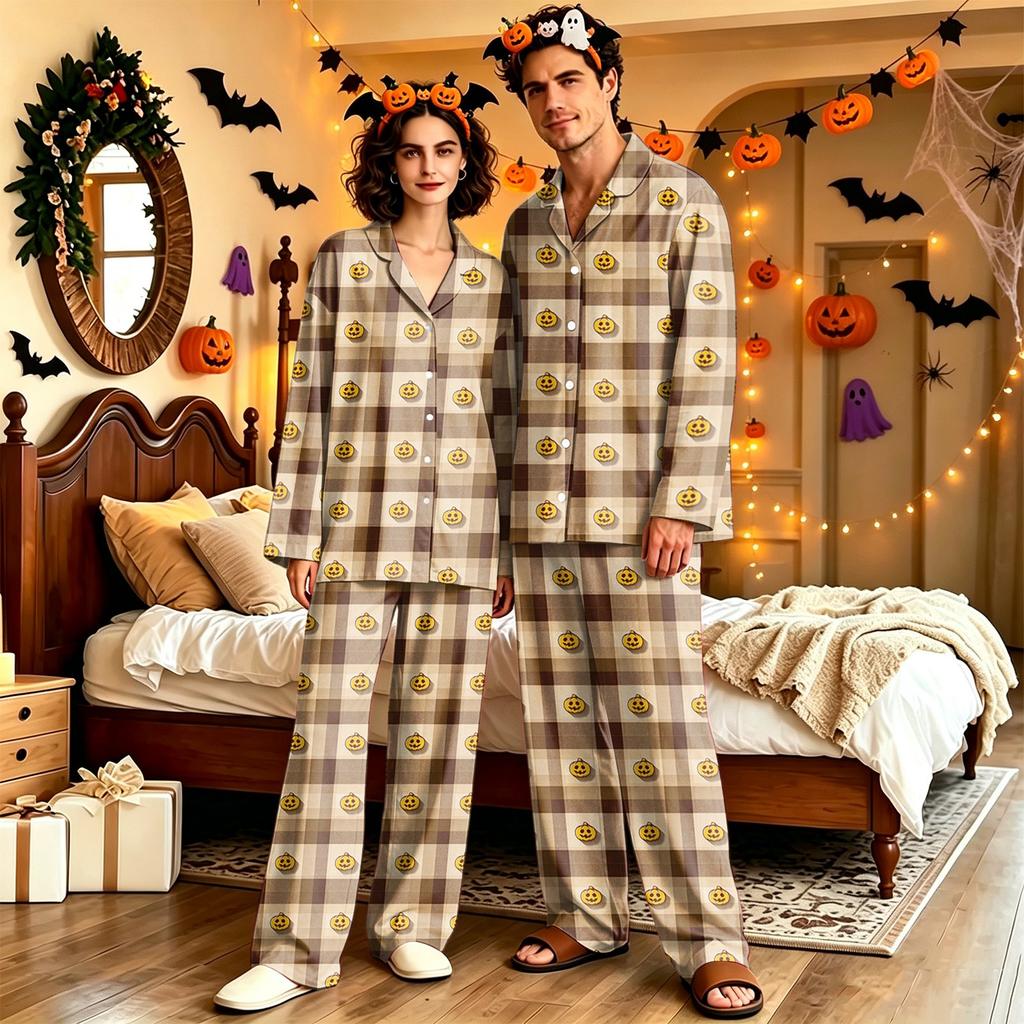 Adult Halloween Print Long Sleeve Pajama Set with Pants, Casual Loose Fit Loungewear