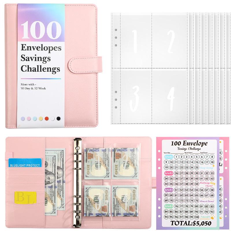100-Day Envelope Challenge Loose-Leaf Notebook: PU Colored Savings Planner for Couples