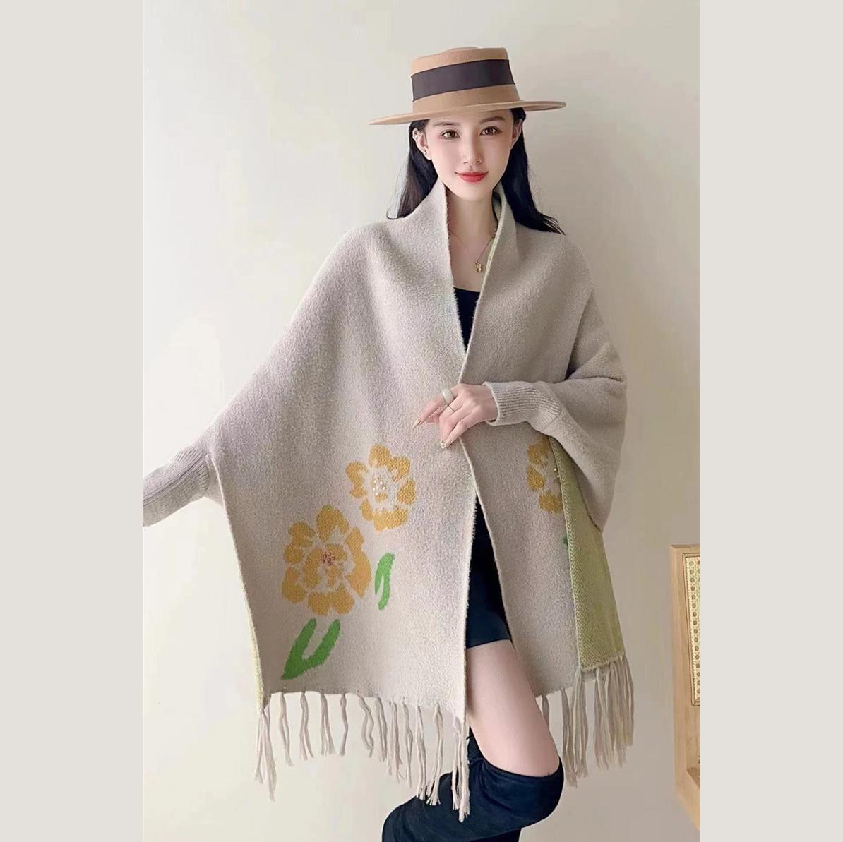 

Женский шарф-шаль с рукавами в этническом стиле, женский осенний кардиган с бахромой, пальто-накидка для матери One Size хаки