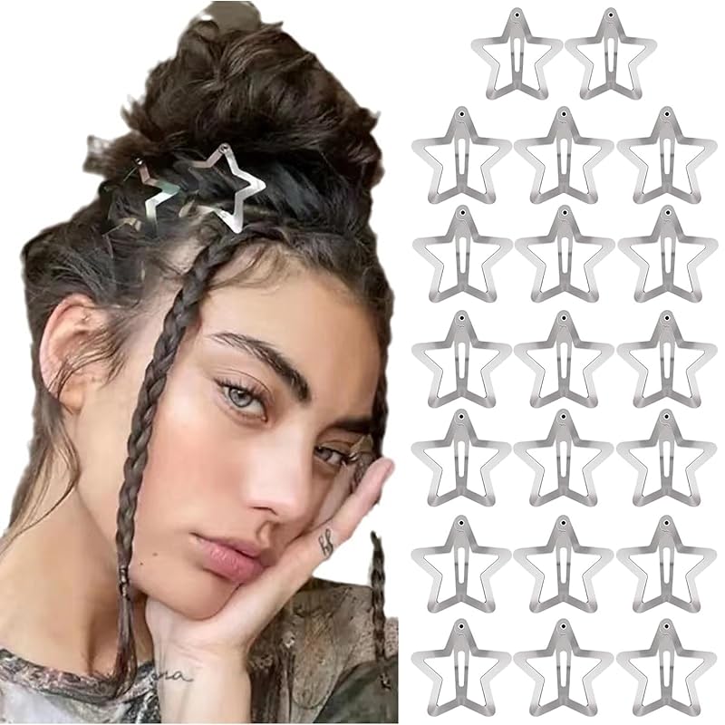 20 PCS Star Snap Hair Clips Silver Y2K 2000s Hair Accessories Non Slip Clips for Girls Women Hair Clip,1.22IN 1.61IN - Silver - 20 PCs