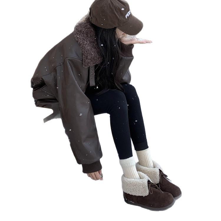 Sheepskin version! Small thick-soled snow boots women's boots autumn and winter fluffy boots thermal velvet cotton shoes Boken short boots