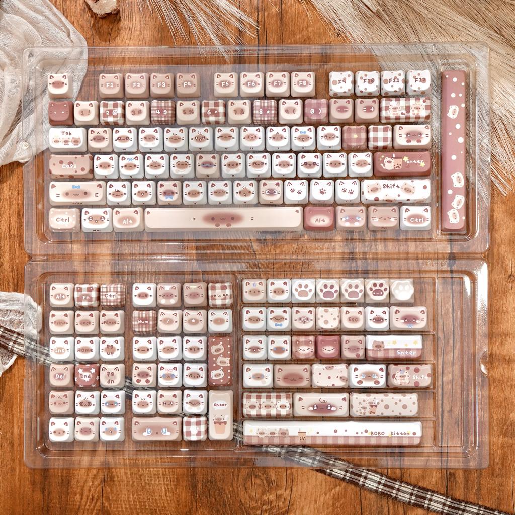 MAIMOOO Mao Katze Tastenkappe Siamkatze Braune Tastenkappen PBT Farbsublimiert 140 Tasten Niedlich Aulaf75 DIY Weiße Tastatur Tastenkappe