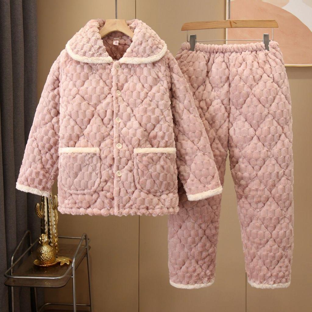 Three-Layer Fleece-Lined Quilted Winter Pajama Set for Elderly Women - Warm Coral Fleece Home Wear & Outerwear