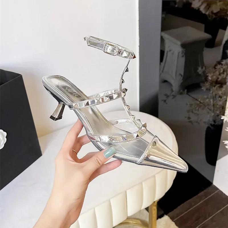 Original Brand Designer Metal Rivet Decoration High Heels Women Sexy Pointed Toe Patent Leather Ankle Strap Thin Heeled Sandals