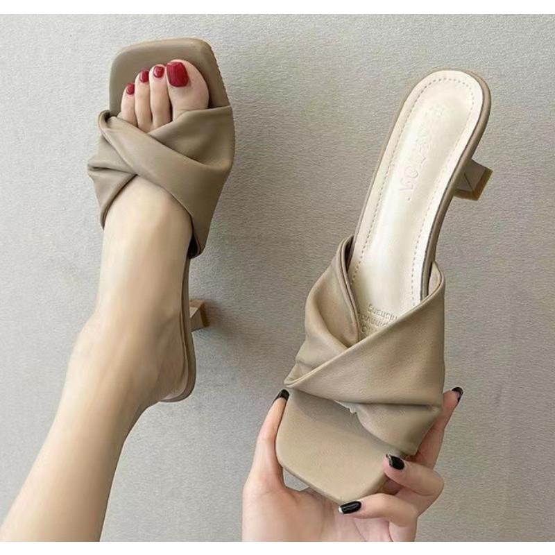 2025 New Minimalist High-heeled Single Line Cool Drag Cat Heel High-heeled Shoes French Women's Half Slippers for Outerwear