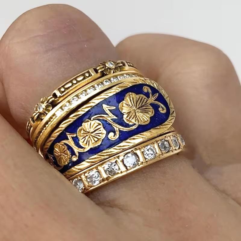 Yanbai Retro Bohemian Enamel Blue Wide Band Ring with Copper Micro-inlaid Zircon