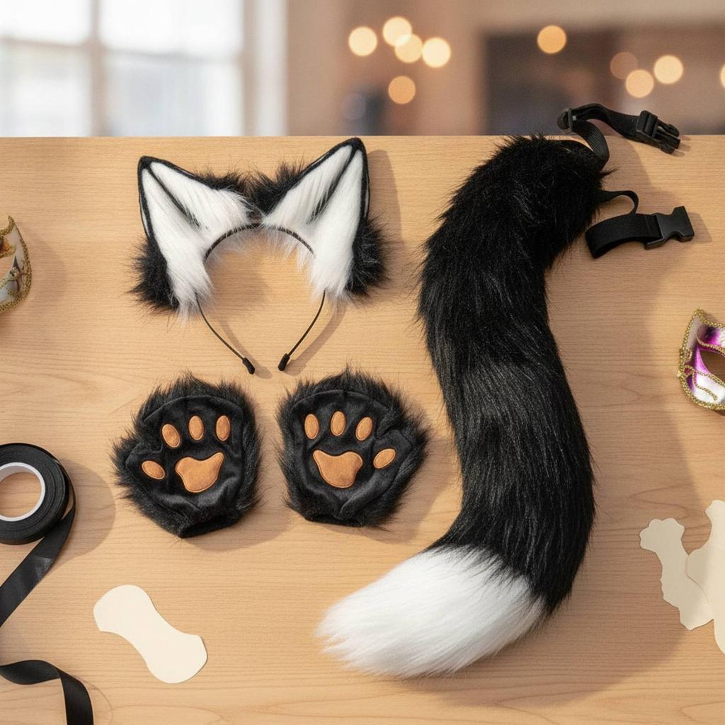 Animal Ear Headband and Tail Costume Set Plushy Soft Animal Cosplay Accessory Set with Adjustable Tail Strap Easy to Wear