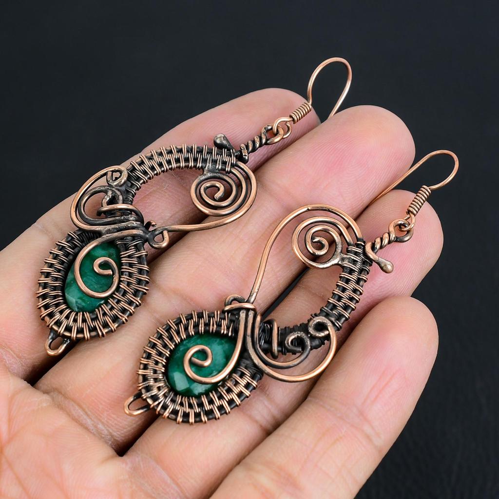 Emerald 999 Copper Wire Wrapped Earrings, Handmade Gemstone Earrings Jewelry, Gifts For Wife Brand New Earrings