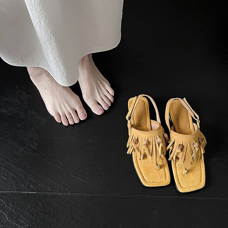 Krazing Pot Cow Suede Nubuck Summer Size 40 Hook Loop Tassel Fringe Low Heels Women Peep Toe Sandals