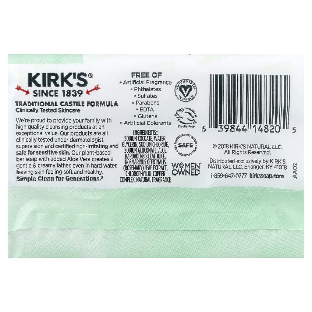 Kirk's 100% Premium Coconut Oil Castile Soap, Soothing Aloe Vera, 3 Bars, 113G (4Oz) Each