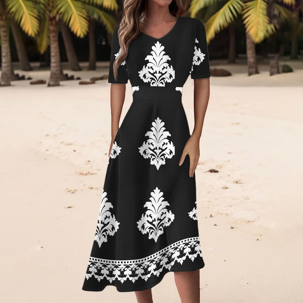 Damen Freizeitmode Retro Bedrucktes V-Ausschnitt Kurzarm Taillenlanges Kleid