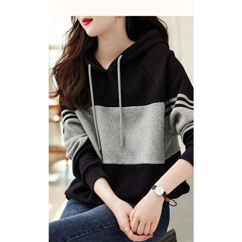 Autumn Winter Striped Patchwork Hooded Sweatshirt for Women Korean Style Ins Loose Western Style Casual Pullover Top