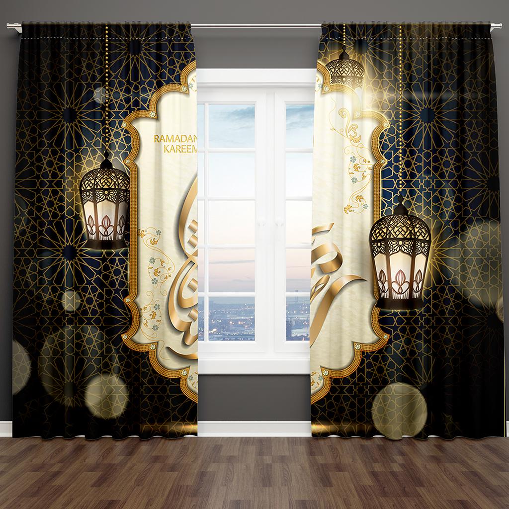 

2 шт. Зеленые золотые роскошные занавески на окна для праздника Рамадан Карим для детей, спальни, гостиной, ванной комнаты, кухни, двери, домашнего декора W50 X H130(CM)X2&Grommet Top