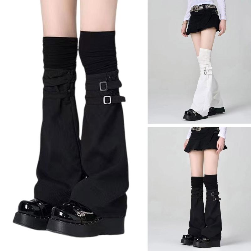 Harajuku Aesthetic Solid Color Leg Warmer Long Socks for Women Punk Buckled Strap Fastener Flared Leg Sleeves Streetwear