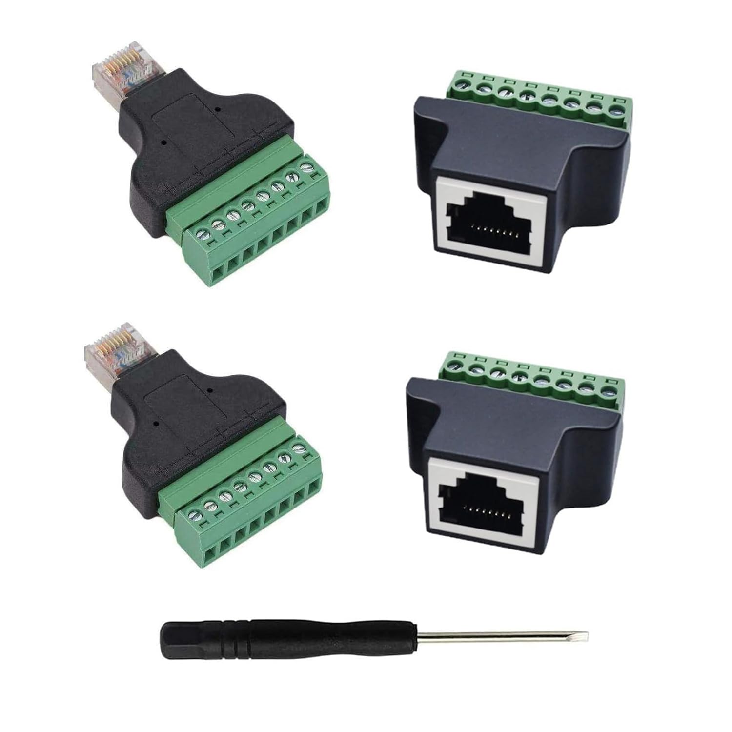 

PENGLIN 4pcs RJ45 to 8-Pin Screw Terminal, MaleFemale to 8-Pin Screw Terminal Block Adapter, 8P8C RJ45 Plug 8-Pin Bolt Connector for CCTV DVR Cat5