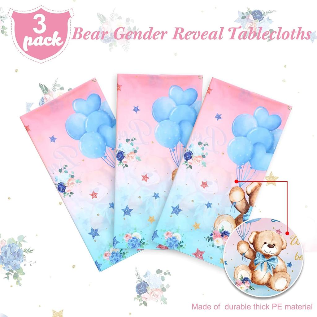 Capoda 3 Pcs Bear Baby Shower Tablecloths Gender Reveal Table Covers Rectangle Plastic Bear Table Cloths for Baby Shower Gender Reveal Party