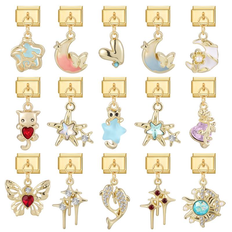 Zircon Eyes Star Heart Starfish Moon Gold Color Pendant Italian Charm Links Fit 9mm Bracelet Stainless Steel DIY Jewelry Gifts