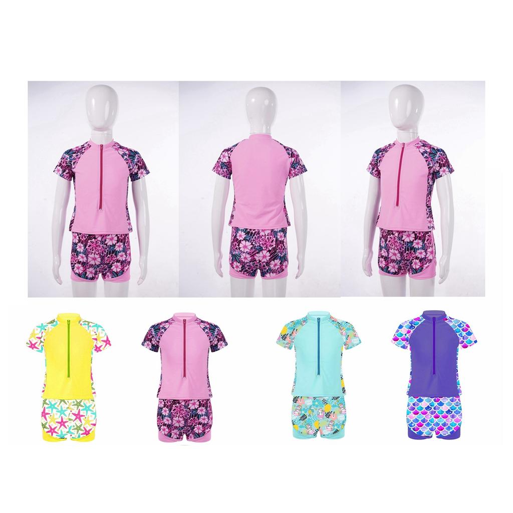 Kids Girls Swimwear Suit Stand Collar Short Sleeves Front Zipper Closure Print Tops Elastic Waistband Shorts Sets