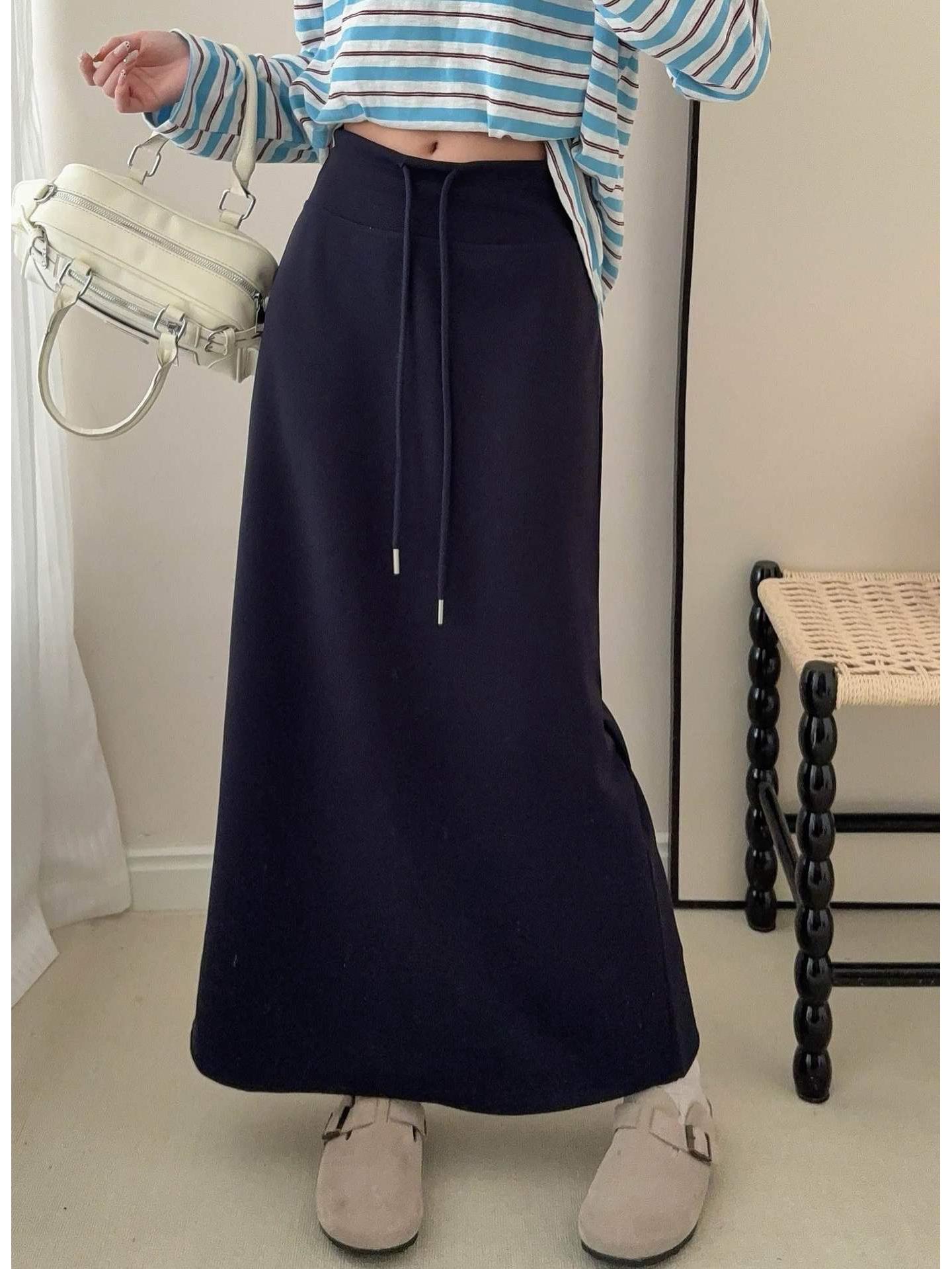 

Korean High-Waisted Drawstring Midi Skirt for Women, Early Spring Casual Slimming Fit Medium