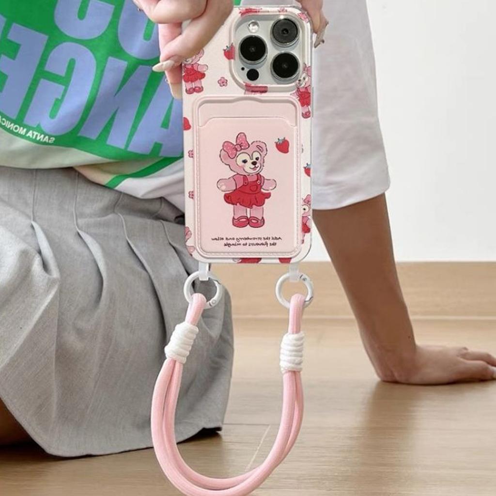 Bolsa de Cartão com Cordão Pendurado Capa de Telefone Saia Vermelha Urso para Apple 17PROMAX Casal Furo Grande Capa de Telefone Bolsa de Cartão Simples