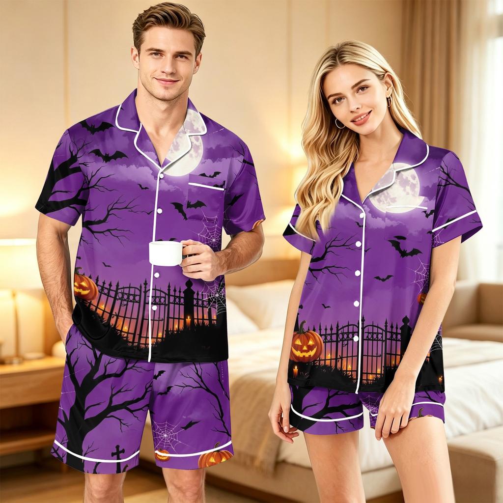 Couples Halloween Print Pajama Set, Soft Comfortable Matching Sleepwear for Her and Him