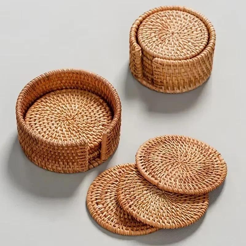 6Pcs/set Teacup Mat Round Tableware Mat Cup Dish Mats Rattan Weave Heat Insulated Pad Kungfu Tea Accessories Household Gadgets