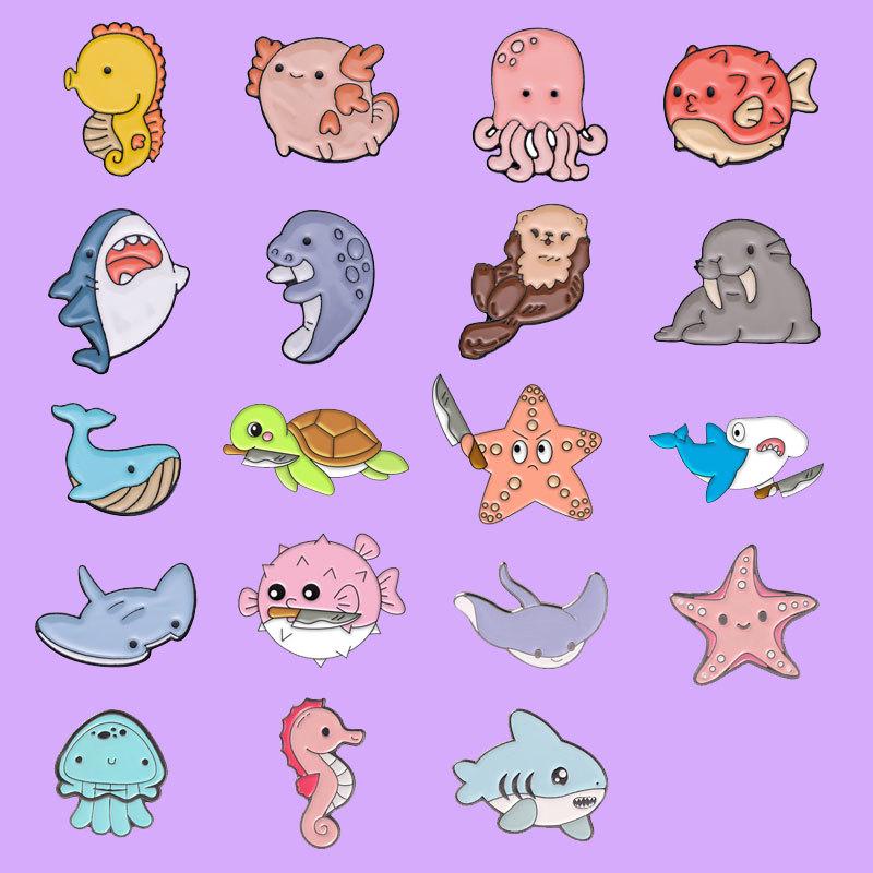 Cartoon Underwater Creatures Metal Pin Set: Whale, Starfish, Turtle