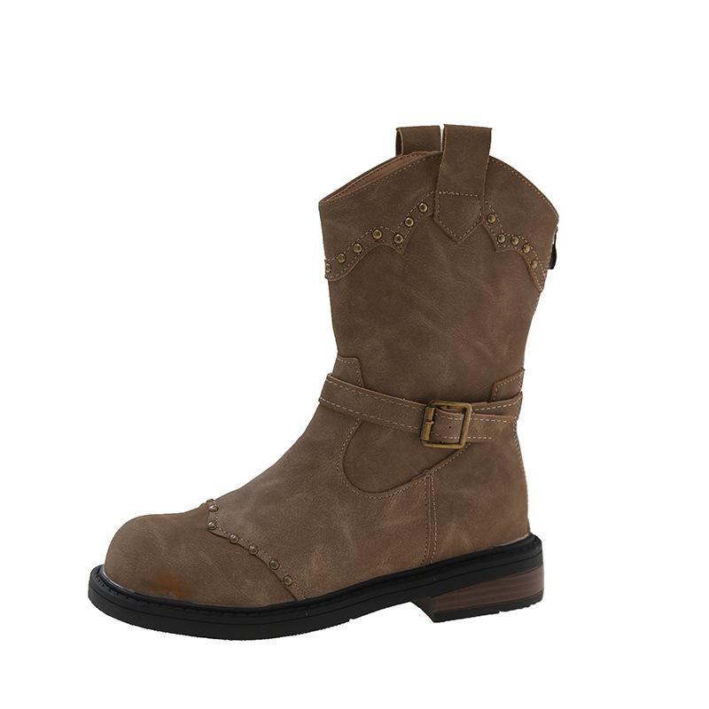 

Модные осенние ботильоны с V-образным вырезом и заклепками, с пряжкой на ремне, на толстой подошве, женские, в стиле ретро, западные ковбойские боты, модные туфли на массивном среднем каблуке 35 хаки