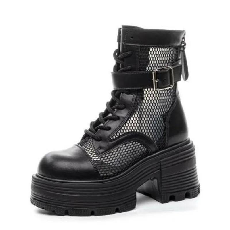 Fashion 9CM Air Mesh Patent Leather Boots Chimney Hollow Ankle Booties Women Moccasins Summer Motorcycle Sandals Fashion Shoes Sandals