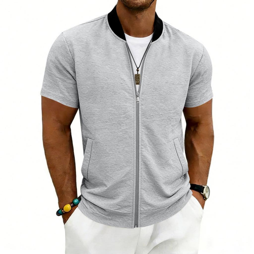 Men Short Sleeve Jacket Lightweight Zipper Front Casual Stand Collar Outerwear for Summer Spring Fall