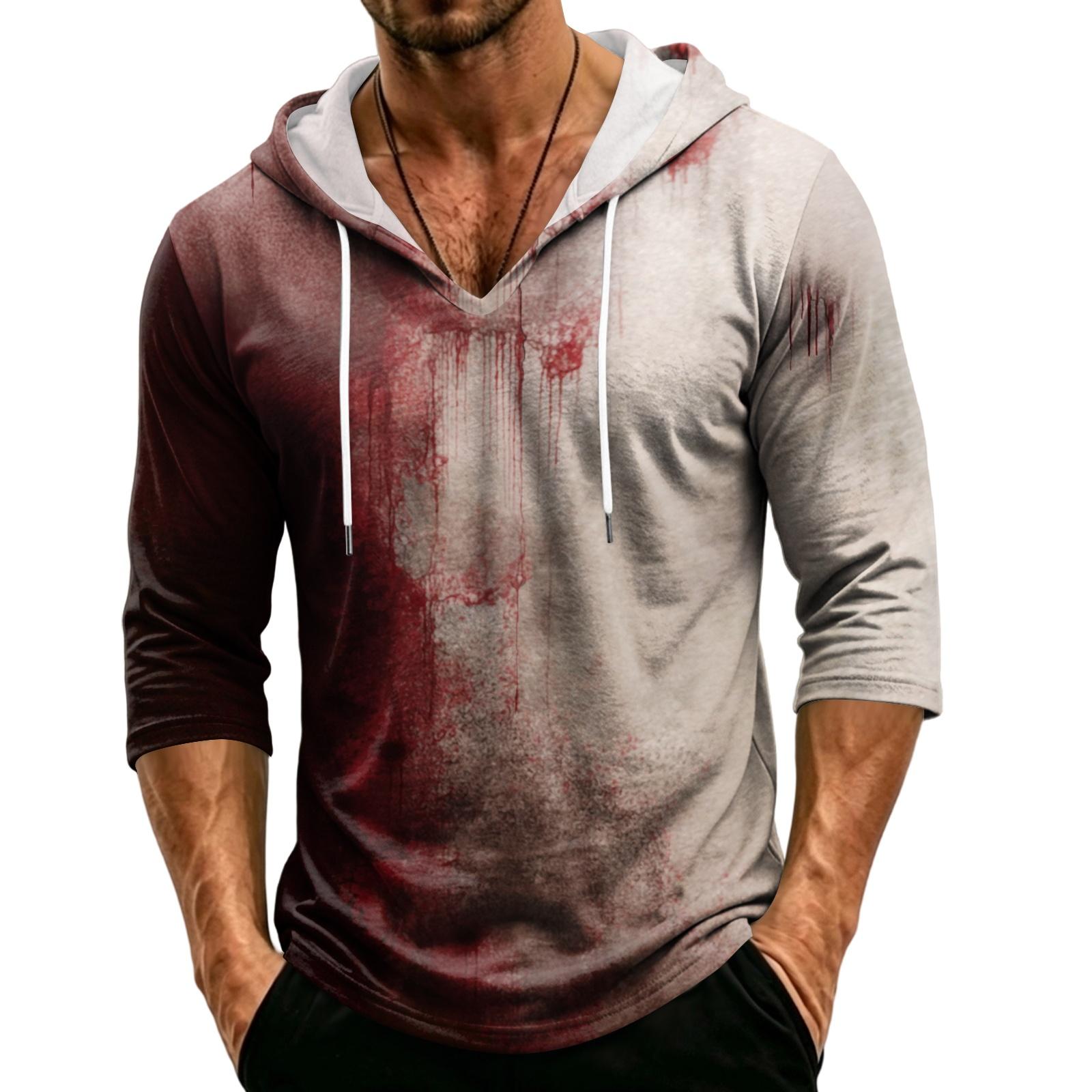 Men s Loose Fit Hooded Three-Quarter Sleeve Halloween Print Pullover L
