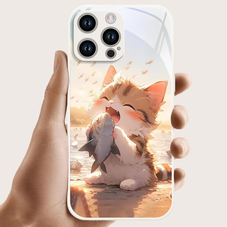 Catching Fish Kitten Is Suitable for Apple 15pro Mobile Phone Case Iphone14 New 16promax Glass 12 All-inclusive 13