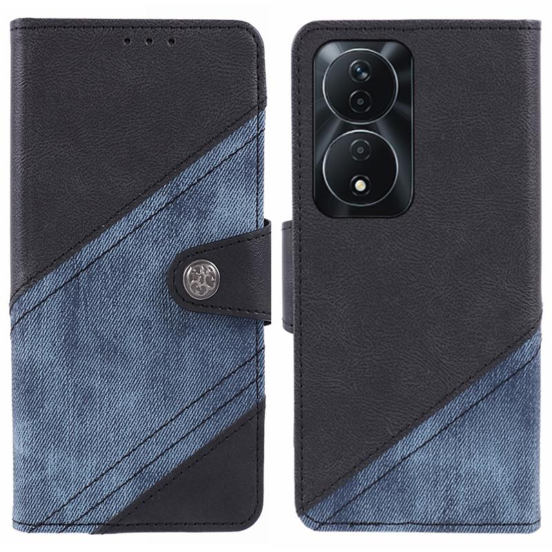 

For Honor 90 Smart/X7b 4G Case Anti-Scratch PU Leather Splicing Phone Stand Cover Crazy Horse Texture Wallet Black