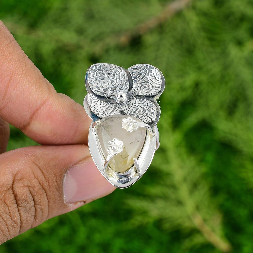 Mothers day Sale 925 Silver Golden Rutile Stone Solitaire Flower Bezel Boho Ring
