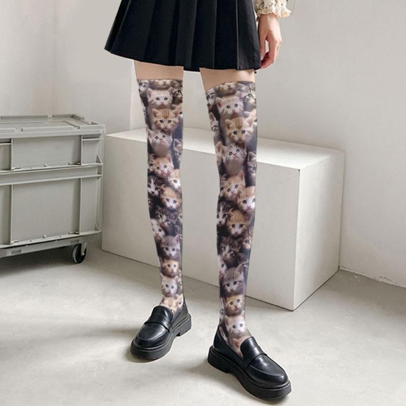 Women's Lolitas Thigh Highs Stockings 3D Cartoon Anime Over the Knee Socks Tights Cats Printed Silk Stockings Hosiery