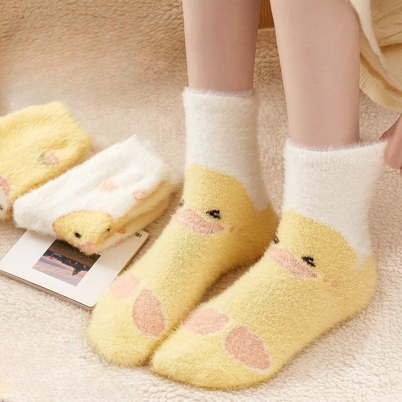 Yellow Duck Socks Children's Mid Tube Autumn and Winter Cute Imitation Mink Velvet Long Socks Home Floor Postpartum Sleep Socks