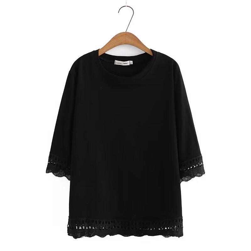 

2023 Spring/Summer Plus Size Lace Trim Seven-Sleeve Round Neck T-shirt for Chubby Girls 4XL