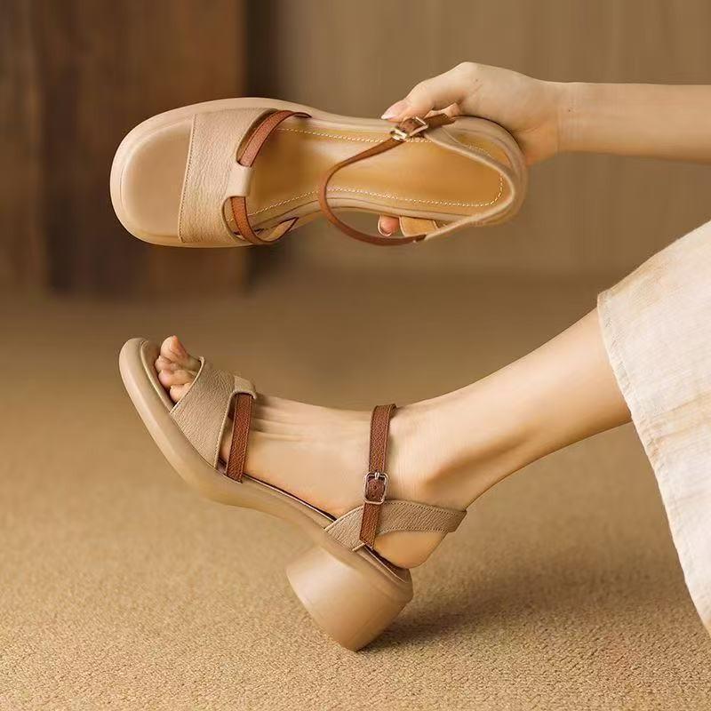 Fashion Summer 2025 New Thick-soled, Thick-heeled Sandals for Women, Retro Color-blocking, Versatile Casual High-heeled Roman Shoes