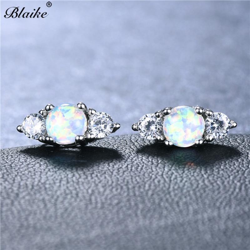 Náušnice z ryzího stříbra 925 kulaté bílé modré ohnivé opály pro ženy malé zirkonové náušnice s rodným kamenem dvojité náušnice dámské šperky